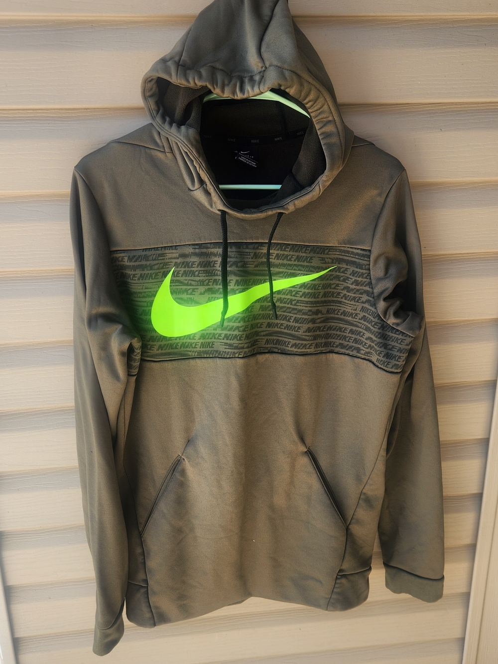 Nike Men's Olive Green Pullover Hoodie with Neon Swoosh
